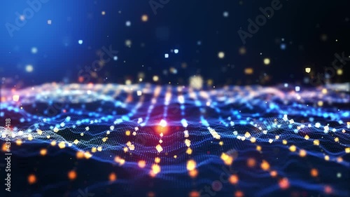 Glow blue digital landscape with cube particle. Crypto currency, big data, block chain and digital technology concept. 3D Rendering.
