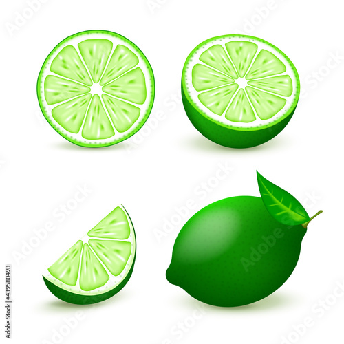 Set slices of lime isolated on white background. Realistic vector illustration.