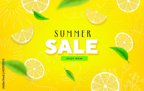 Fruity Summer Sale Colorful Banners with lime, lemon tropical Fruits abstract background layout banners. illustration template