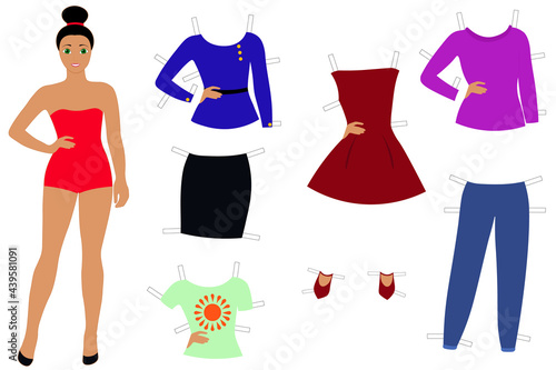 Paper doll with clothes for kids to cut and play with. Body template. Vector illustration of a woman and several pieces of clothing isolated on a white background photo