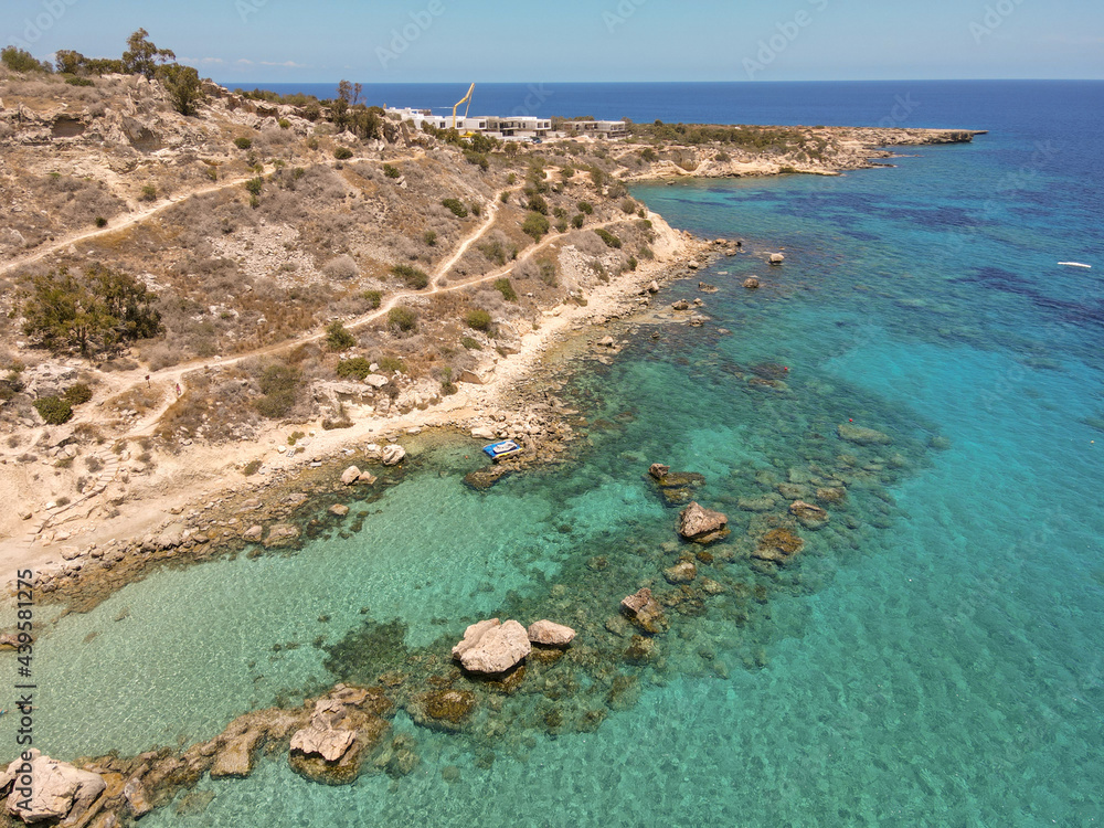 Drone view at the coast of Konnos beach on Cyprus