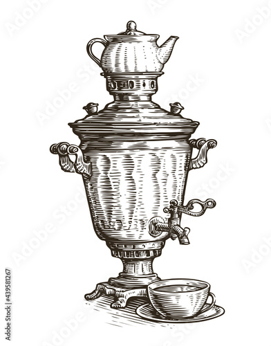 Samovar sketch. Russian traditional old fashioned style of tea drinking. Vintage vector illustration