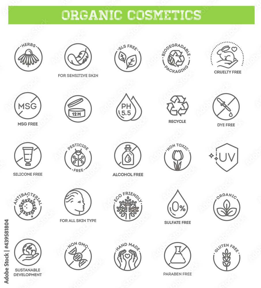 Natural organic cosmetics, vegan food symbols. Thin signs for packaging Natural organic cosmetics, vegan food symbols. Thin signs for packaging