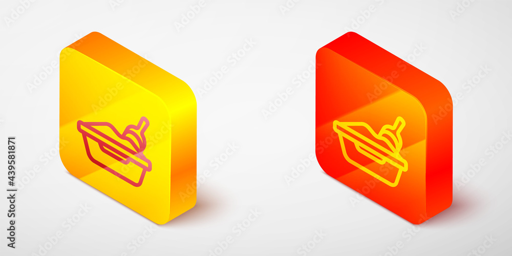 Isometric line Cat litter tray with shovel icon isolated on grey background. Sandbox cat with shovel. Yellow and orange square button. Vector Isometric line Cat litter tray with shovel icon isolated on grey background. Sandbox cat with shovel. Yellow and orange square button. Vector