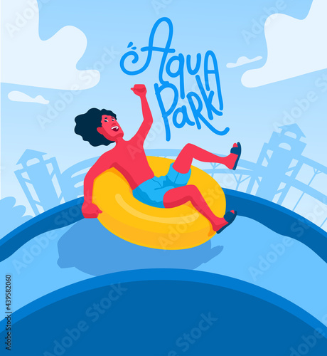 Man on a water slide on an inflatable ring. A waterpark, aquapark advertisement banner, poster. Inflatable tube on a waterslide. Aqua park flyer with copy space. Amusement park.
