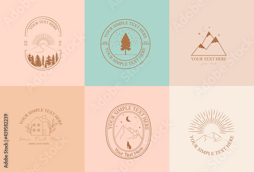 Collection of Modern, Outdoorsy, Earthy linear logos, symbols, icons design template with nature, tree, plant, animals, archetecture elements. Editable vector logotype.