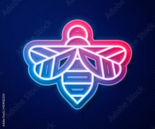 Glowing neon line Bee icon isolated on blue background. Sweet natural food. Honeybee or apis with wings symbol. Flying insect. Vector