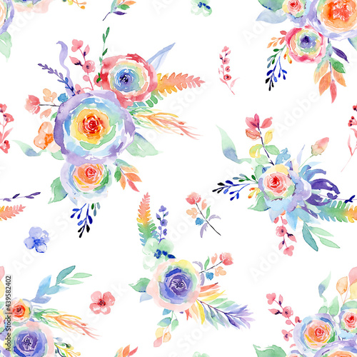 Watercolor raonbow floral pattern. Boho seamless pattern with rainbows and flowers. Bright multicolor repeat background for fabric, textile, wrapping paper, scrapbooking