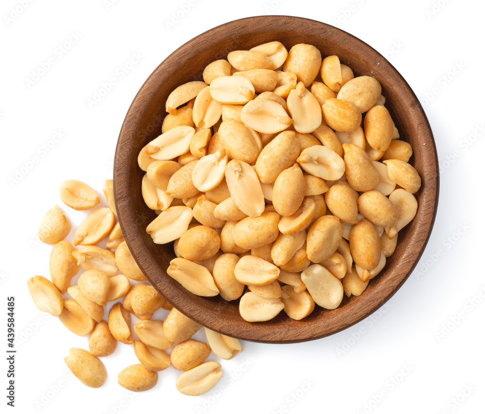 cooked peanuts in the wooden plate, isolated on white background, top view cooked peanuts in the wooden plate, isolated on white background, top view