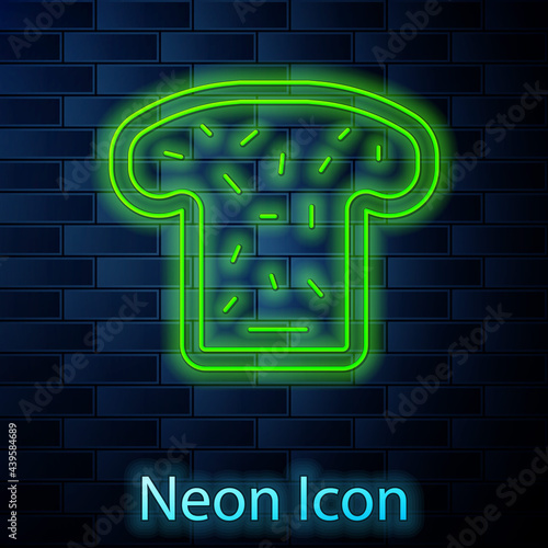 Glowing neon line Bread toast for sandwich piece of roasted crouton icon isolated on brick wall background. Lunch, dinner, breakfast snack. Vector