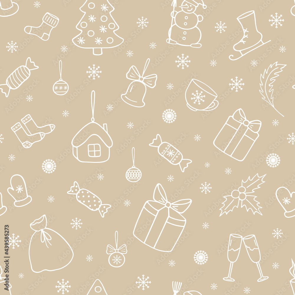 Cute seamless pattern with New Year and Xmas icons: snowman, christmas tree, candies, gifts, snowflakes, christmas toy. For winter decoration, print posters, greeting card, banner, wrapping. Doodle.
