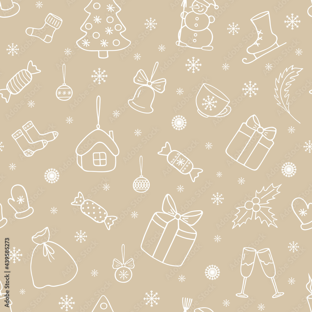 Cute seamless pattern with New Year and Xmas icons: snowman, christmas tree, candies, gifts, snowflakes, christmas toy. For winter decoration, print posters, greeting card, banner, wrapping. Doodle. Cute seamless pattern with New Year and Xmas icons: snowman, christmas tree, candies, gifts, snowflakes, christmas toy. For winter decoration, print posters, greeting card, banner, wrapping. Doodle.