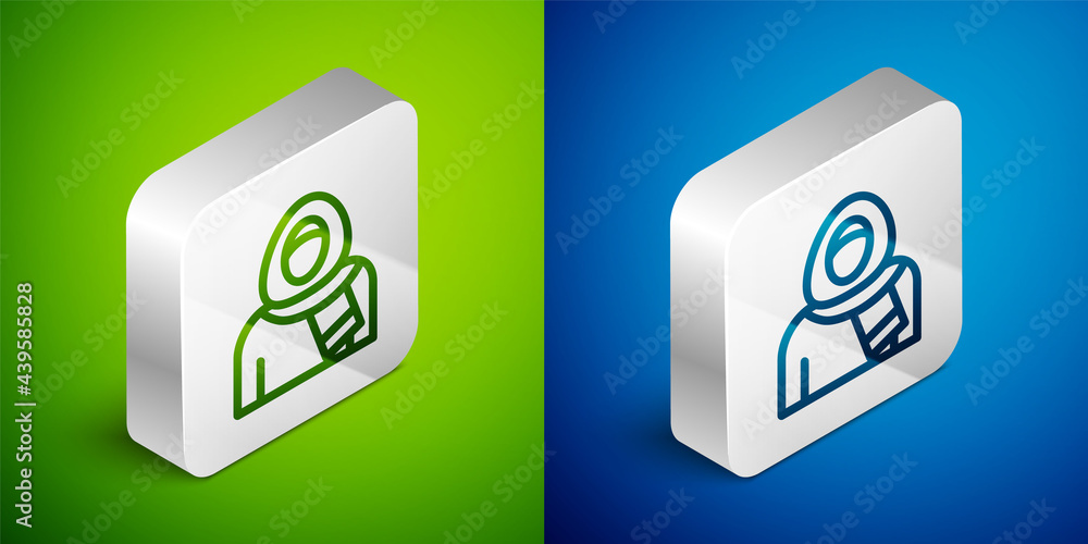 Isometric line Muslim woman in hijab icon isolated on green and blue background. Silver square button. Vector Isometric line Muslim woman in hijab icon isolated on green and blue background. Silver square button. Vector