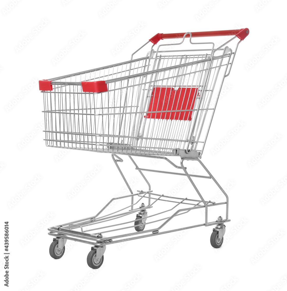 Empty metal shopping cart isolated on white Empty metal shopping cart isolated on white