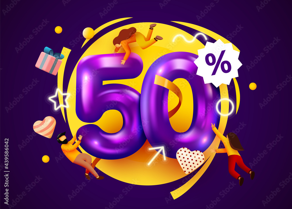 Mega sale. 50 percent discount. Special offer 50% background with flying people. Promotion poster or banner. Mega sale. 50 percent discount. Special offer 50% background with flying people. Promotion poster or banner.