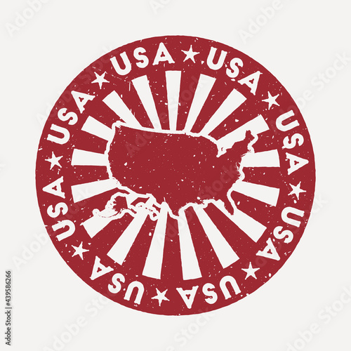 USA stamp. Travel red rubber stamp with the map of the country, vector illustration. Can be used as insignia, logotype, label, sticker, or badge of the USA.