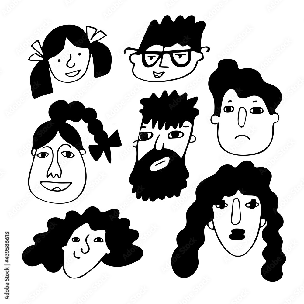 Set of funny doodle faces in freehand black and white style isolated on ...