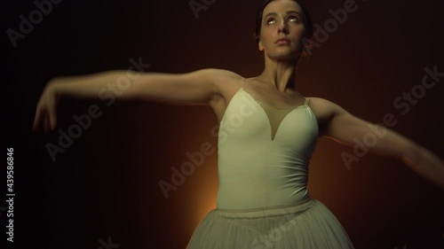 Elegant woman dancing ballet indoors. Flexible ballerina moving hands in air.