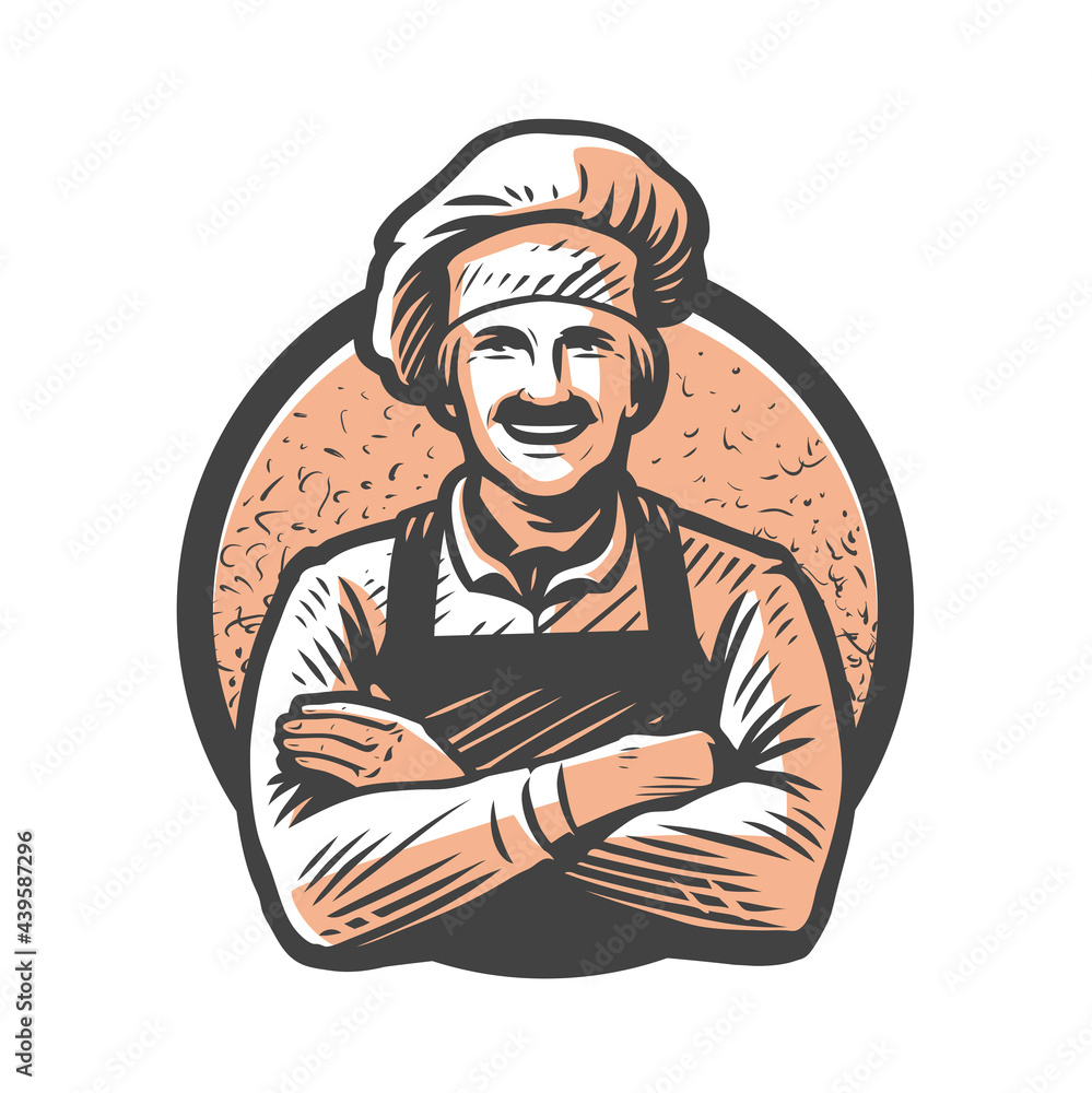 Happy chef in hat with crossed arms drawn in sketch style. Food concept. Vintage vector illustration Happy chef in hat with crossed arms drawn in sketch style. Food concept. Vintage vector illustration