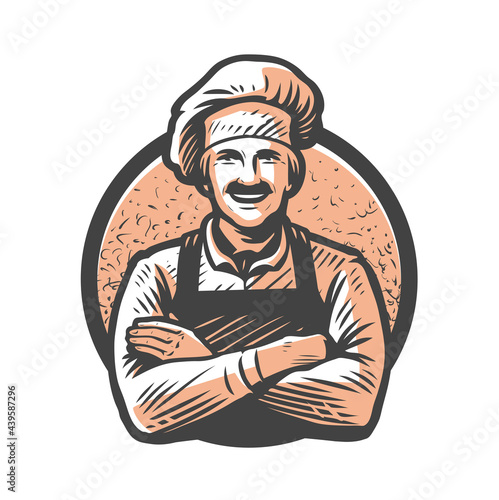Happy chef in hat with crossed arms drawn in sketch style. Food concept. Vintage vector illustration