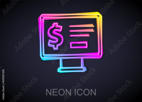 Glowing neon line Monitor with dollar icon isolated on black background. Sending money around the world, money transfer, online banking, financial transaction. Vector