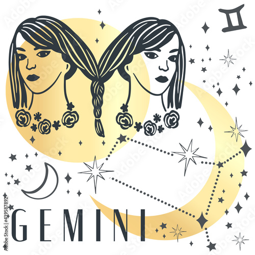 Zodiac sign Gemini in boho style. Trendy vector illustration. Creative decorative elegant astrology zodiac emblem template for logo. magical  art symbol or label. Horoscope sign line art silhouette