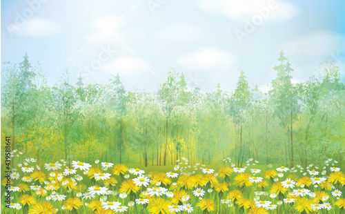 Vector yellow dandelions  and daisies  blossoming field. Spring nature background.