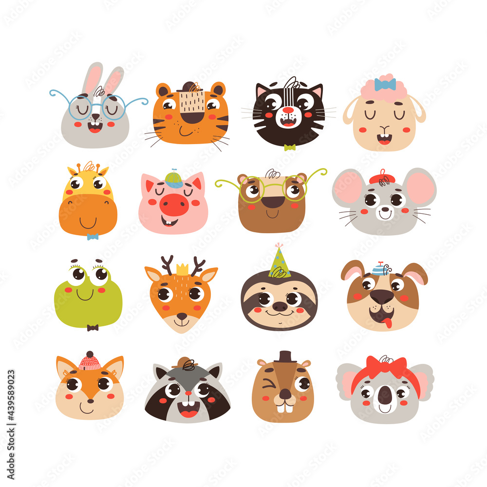 Fototapeta premium Funny smiling faces of animals isolated on white background. Vector clipart set
