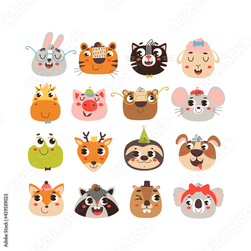 Funny smiling faces of animals isolated on white background. Vector clipart set