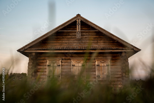 old carved wooden house on a green meadow, front view © nikolych