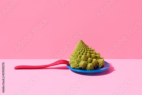 baby romanesco broccoli in a blue plate and fork photo