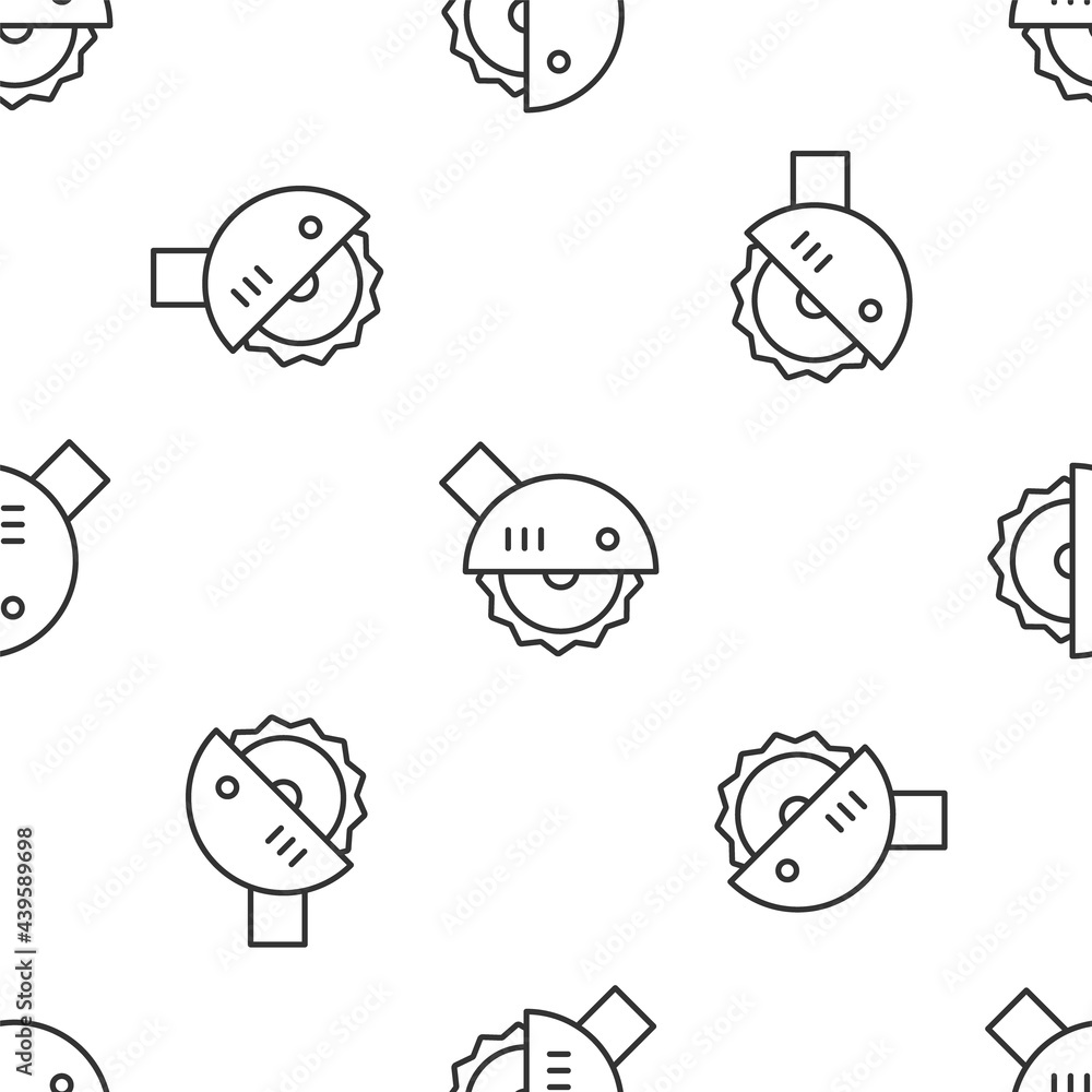 Grey line Electric circular saw with steel toothed disc icon isolated seamless pattern on white background. Electric hand tool for cutting wood or metal. Vector Grey line Electric circular saw with steel toothed disc icon isolated seamless pattern on white background. Electric hand tool for cutting wood or metal. Vector