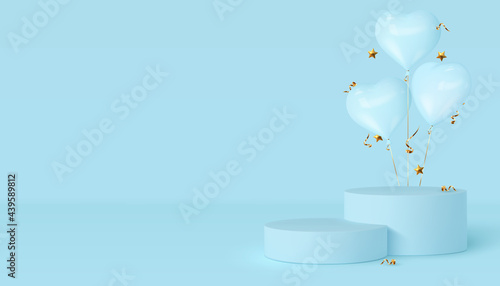 3d podium scene with glossy heart balloons. Mockup for product presentation with copy space. Design for Fathers Day. Minimal background in blue color. Vector illustration.