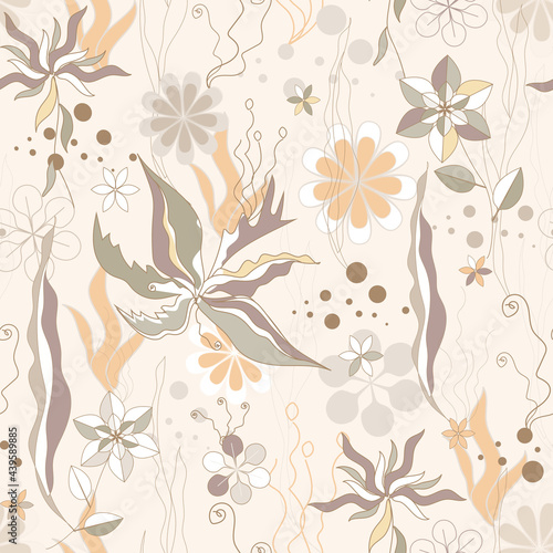 Monochrome floral print in beige colors, vector seamless pattern for fabric in vintage style.