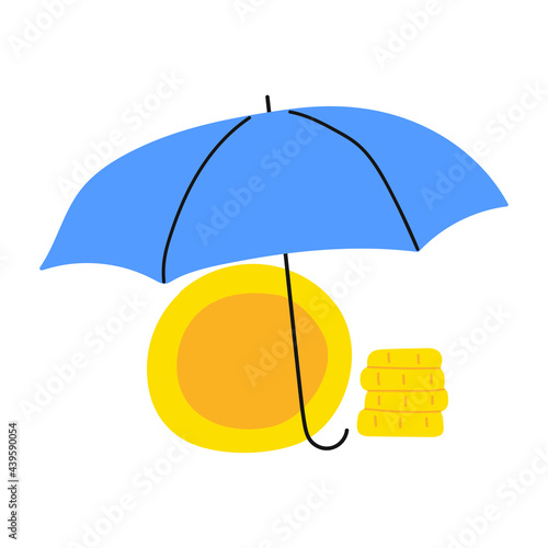Gold coins under umbrella. Money insurance. Illustration on white background. 