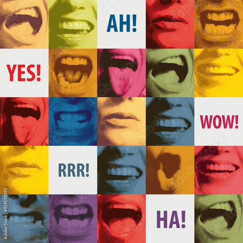 Seamless pattern with human mouths expressing various emotions and screaming Yes, Ah, Wow, Rrr, Ha. Vector background with colored square fragments. Wallpaper design, wrapping paper or fabric