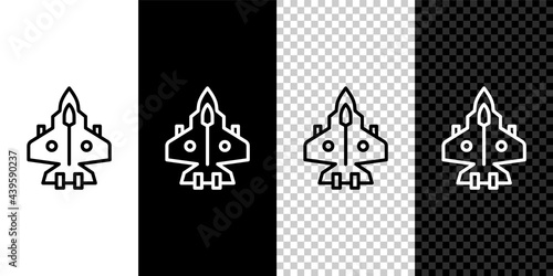 Set line Jet fighter icon isolated on black and white, transparent background. Military aircraft. Vector