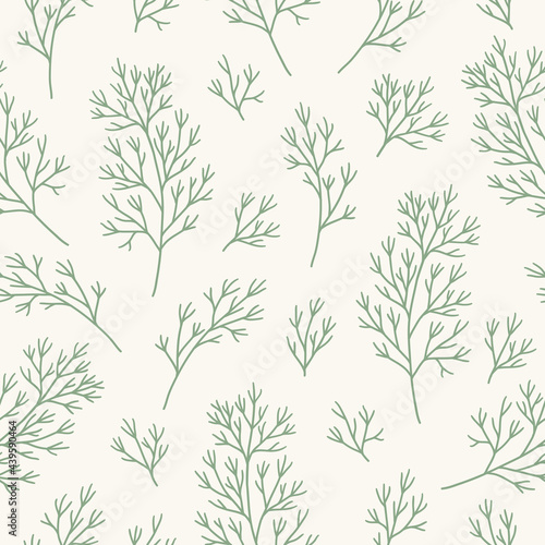 Seamless pattern with dill on beige background. Contour vector illustration