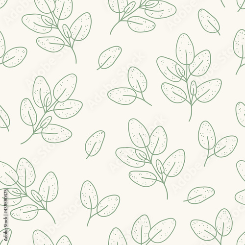Seamless pattern with oregano on beige background. Contour vector illustration