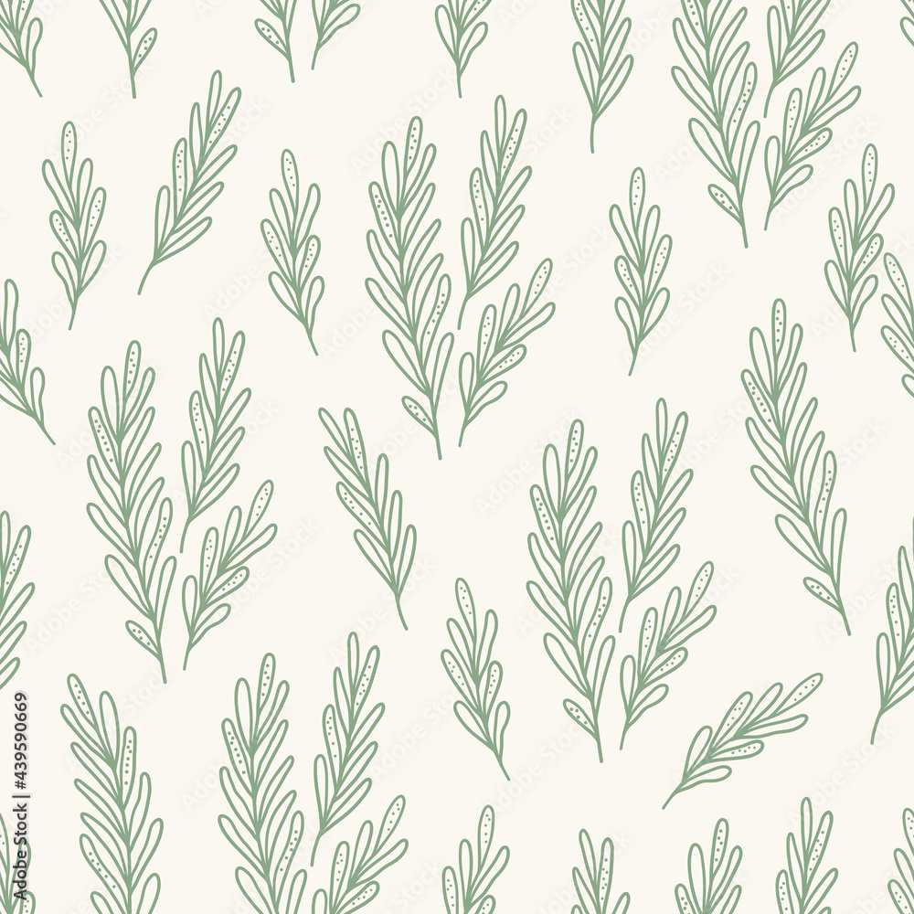 Seamless pattern with rosemary on beige background. Contour vector illustration