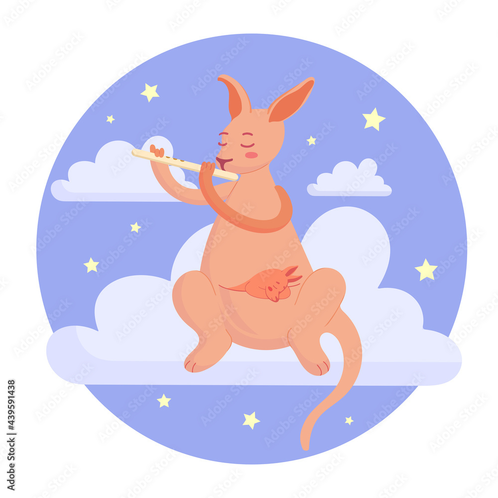 Obraz premium A mother kangaroo plays a lullaby for her sleeping baby, sitting on a cloud among the stars. Cute children s illustration for decorating a nursery, postcards, posters, books, printing on clothes.