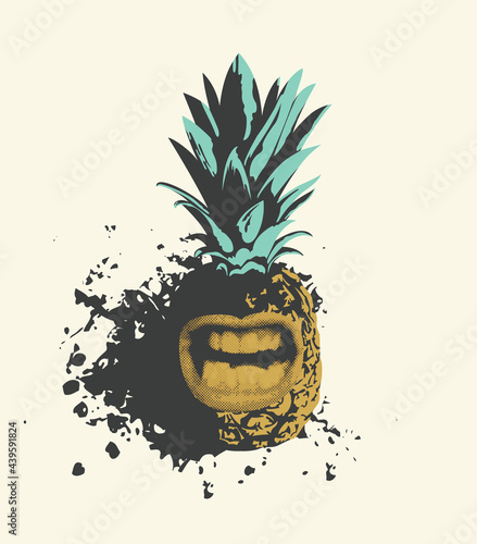 Vector illustration of a perky pineapple character with a grinning mouth. An emotional character. Summer banner with a sweet tropical fruit on a light background with abstract spots and stains