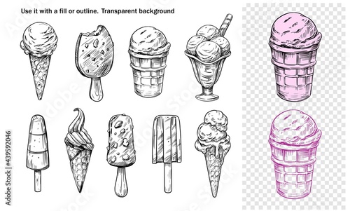 Ice cream set. Vector outline illustrations. Sketch