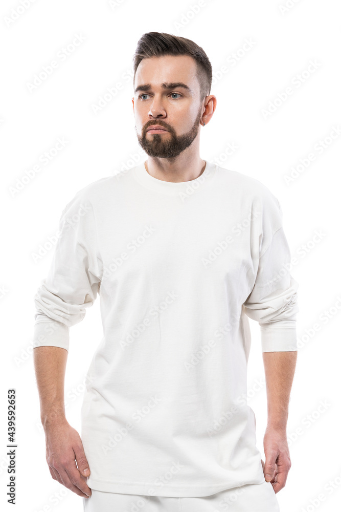 Handsome man wearing white long-sleeved t-shirt with empty space for design Handsome man wearing white long-sleeved t-shirt with empty space for design