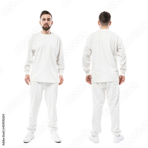 Man wearing white long-sleeved t-shirt and pants on white background