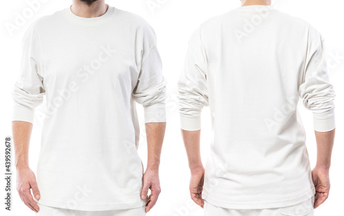 Man wearing white long-sleeved t-shirt with empty space for design