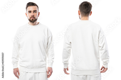 Handsome man wearing blank white sweatshirt on white background