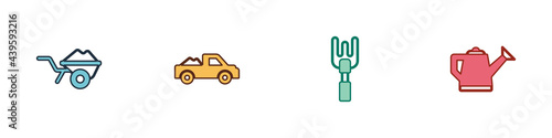 Set Wheelbarrow with dirt, Pickup truck, Garden rake and Watering can icon. Vector