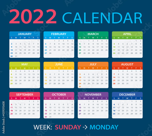2022 Calendar - vector illustration, Sunday to Monday