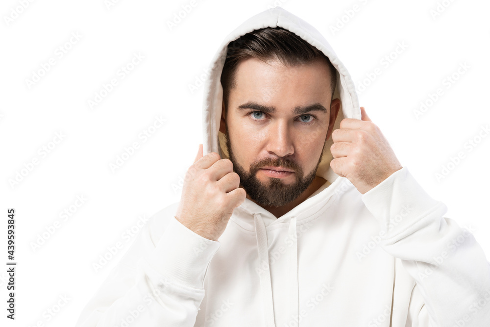 Handsome man wearing white hoodie on white background Handsome man wearing white hoodie on white background